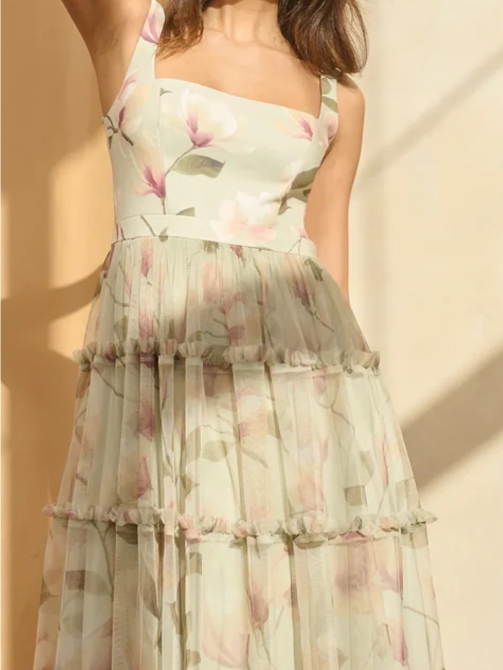 Adrianna PAPELL floral midi dress with square neck line, pale green 12 wedding - Picture 2 of 11